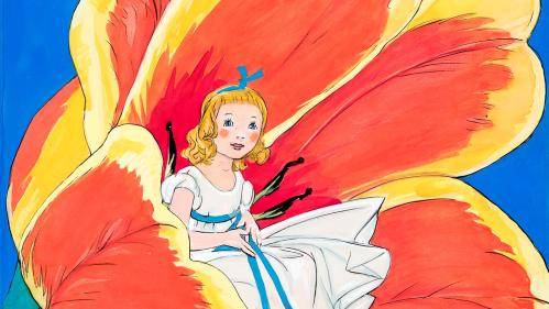 Drawing of a young blond girl in a white dress sitting inside a red and yellow tulip