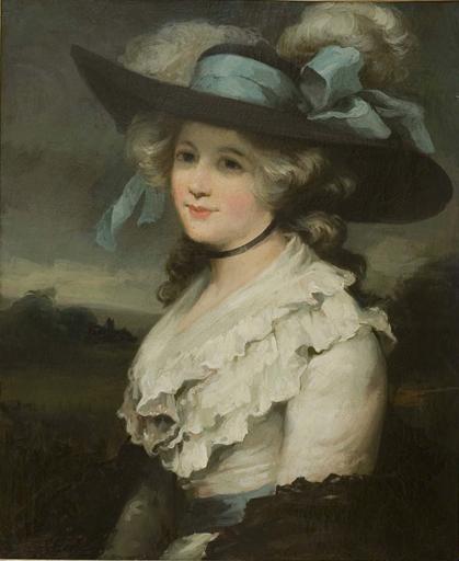 Painted portrait of white woman with grey hair wearing a white ruffled dress and a large black hat with blue ribbon and grey plumes.